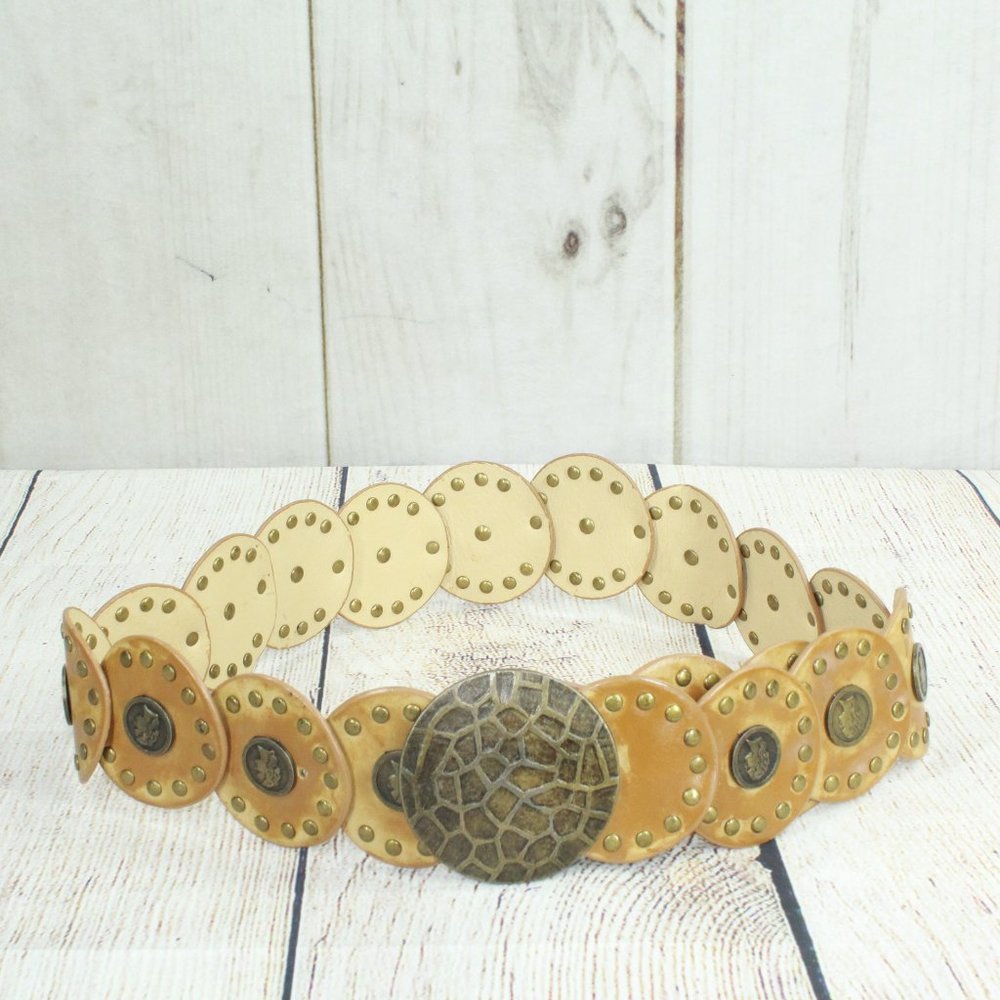 Classic Brown Leather Coin Studded Embellished Boho Morrocan Belt Size M/L - Picture 1 of 8